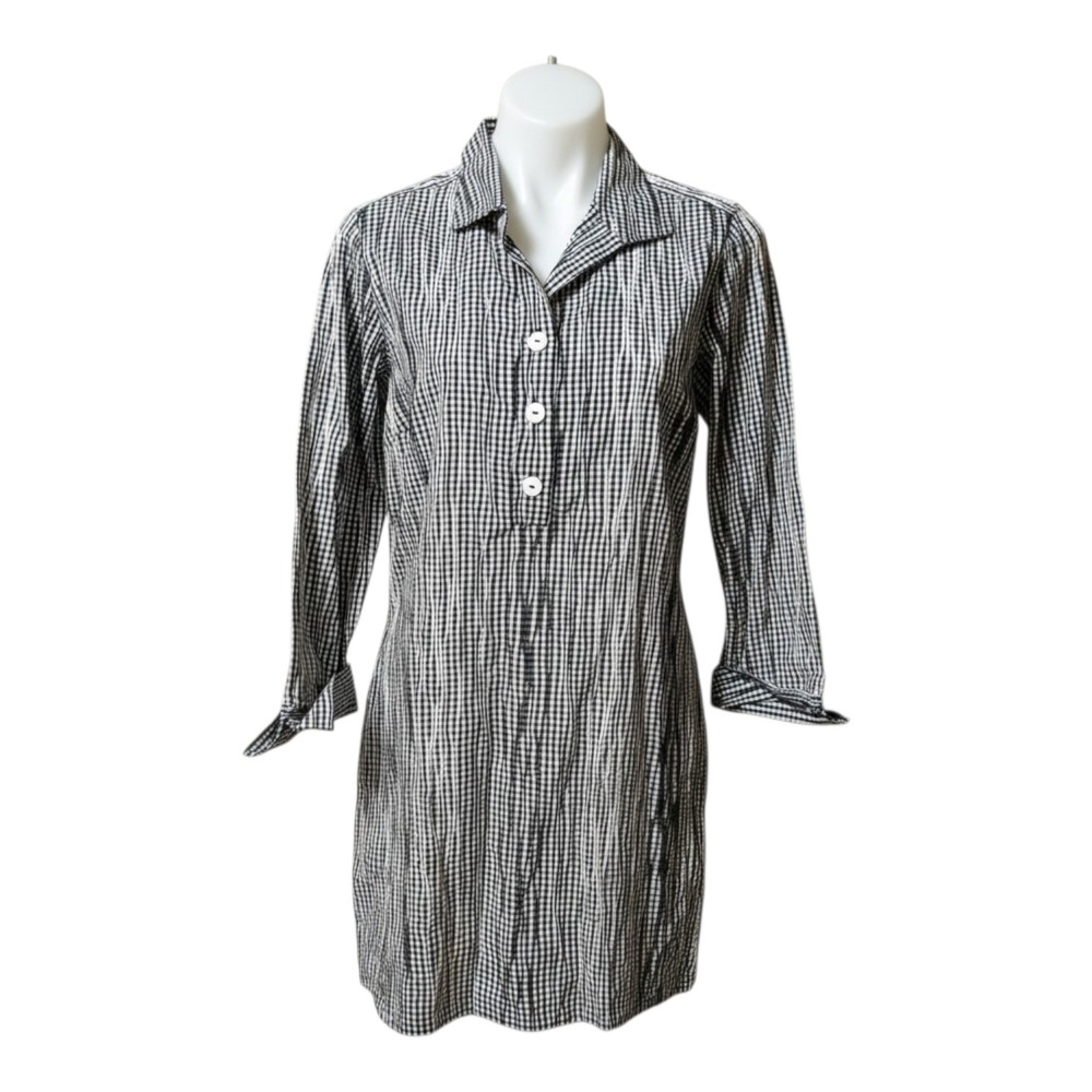 Foxcroft Women's‎ 10 Black White Crinkled Gingham 3 Button Collared Shirt Dress
